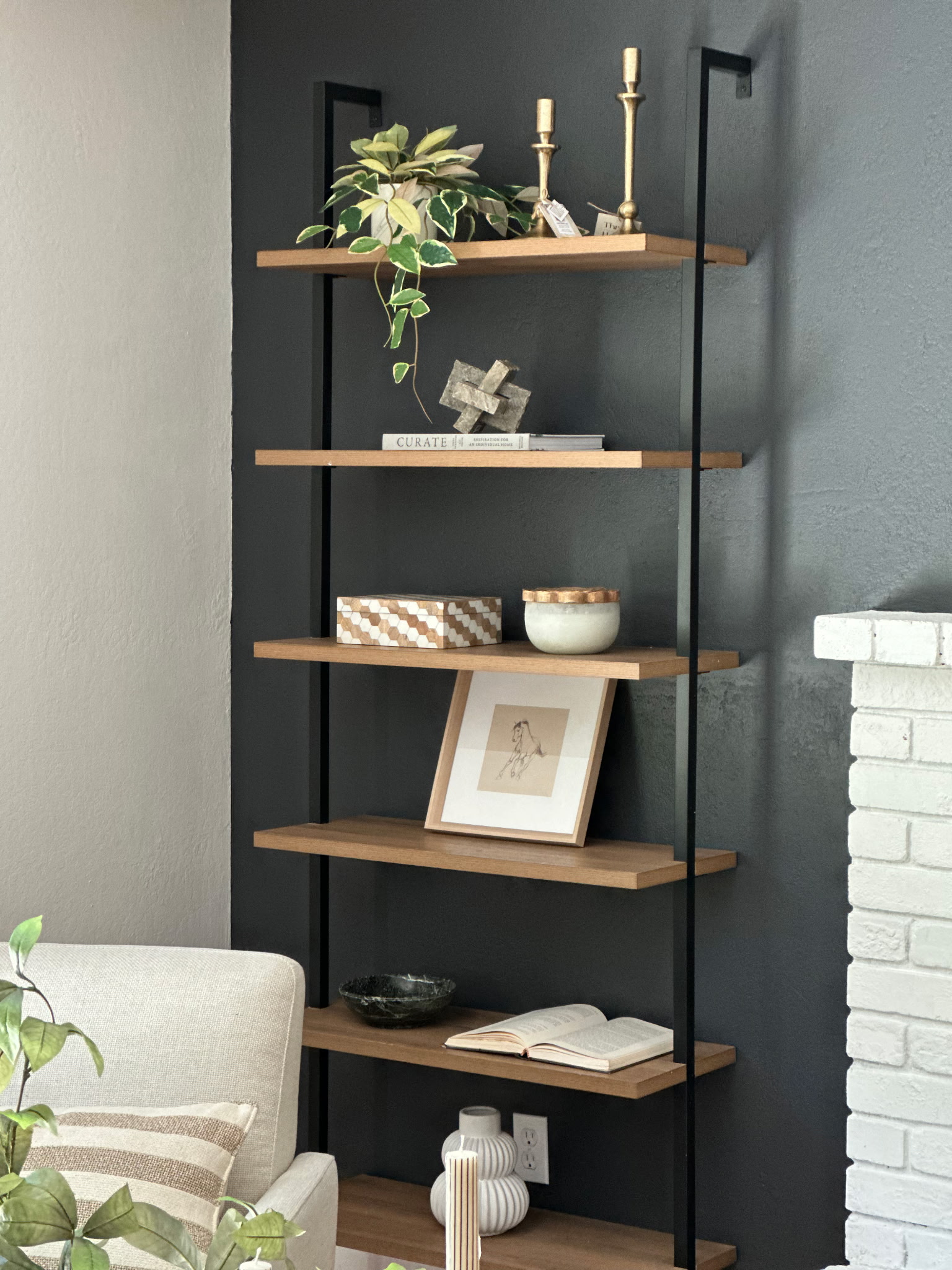 Styled shelves with books, plants, and neutral decor