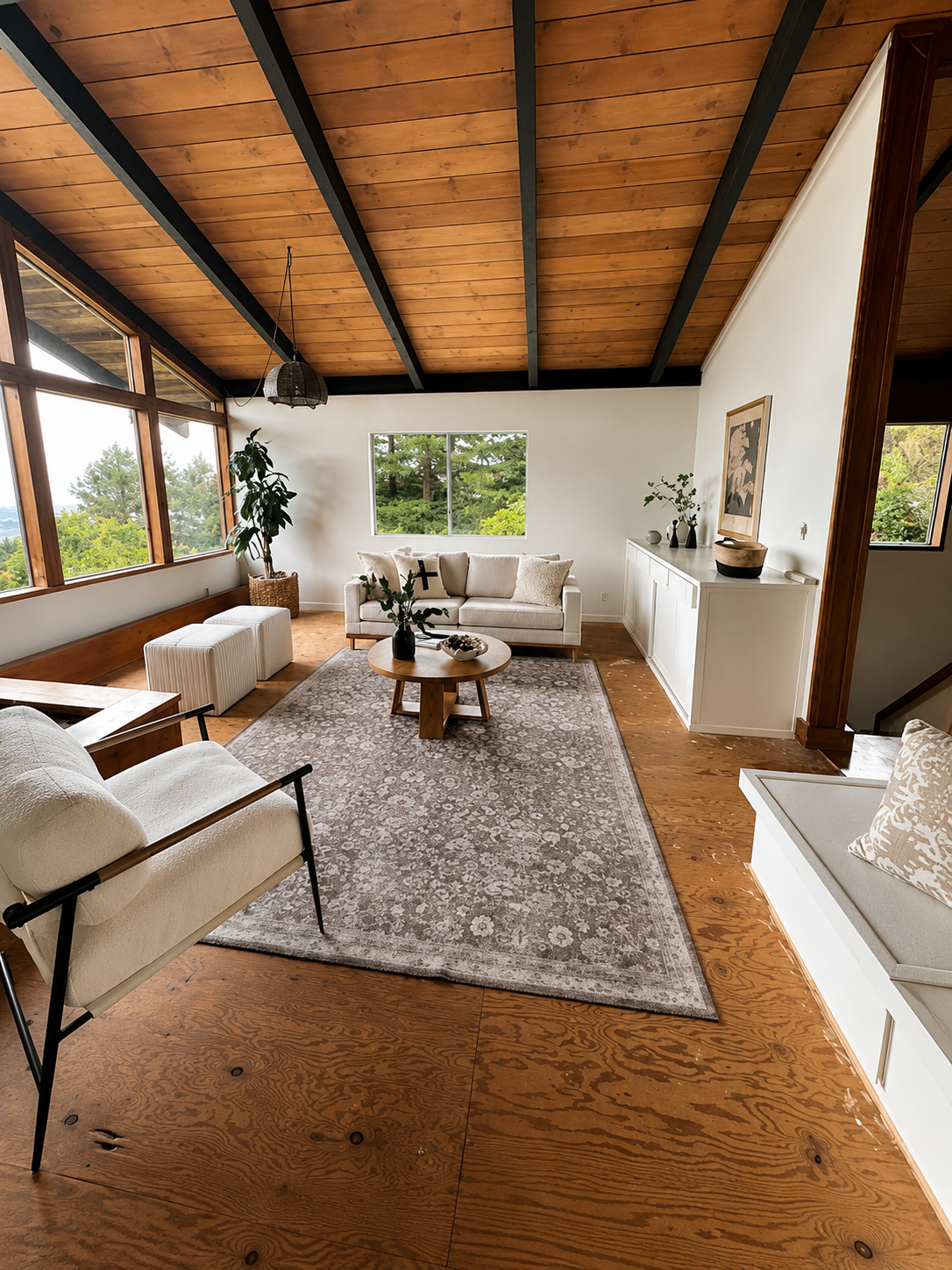 Wood ceiling living room staged with cream seating and layered rugs